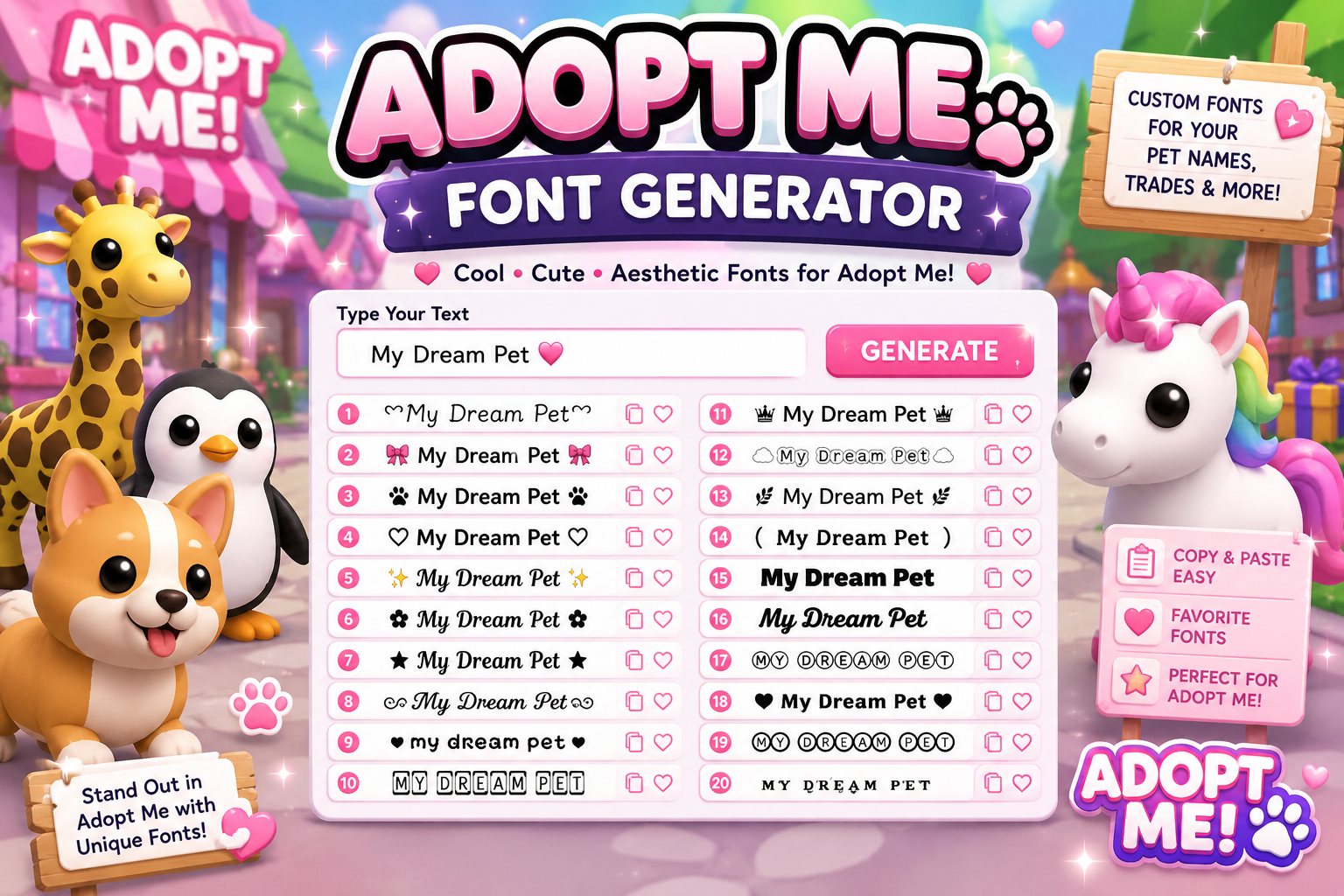 Adopt Me Font Generator showing cute pet name fonts for Roblox