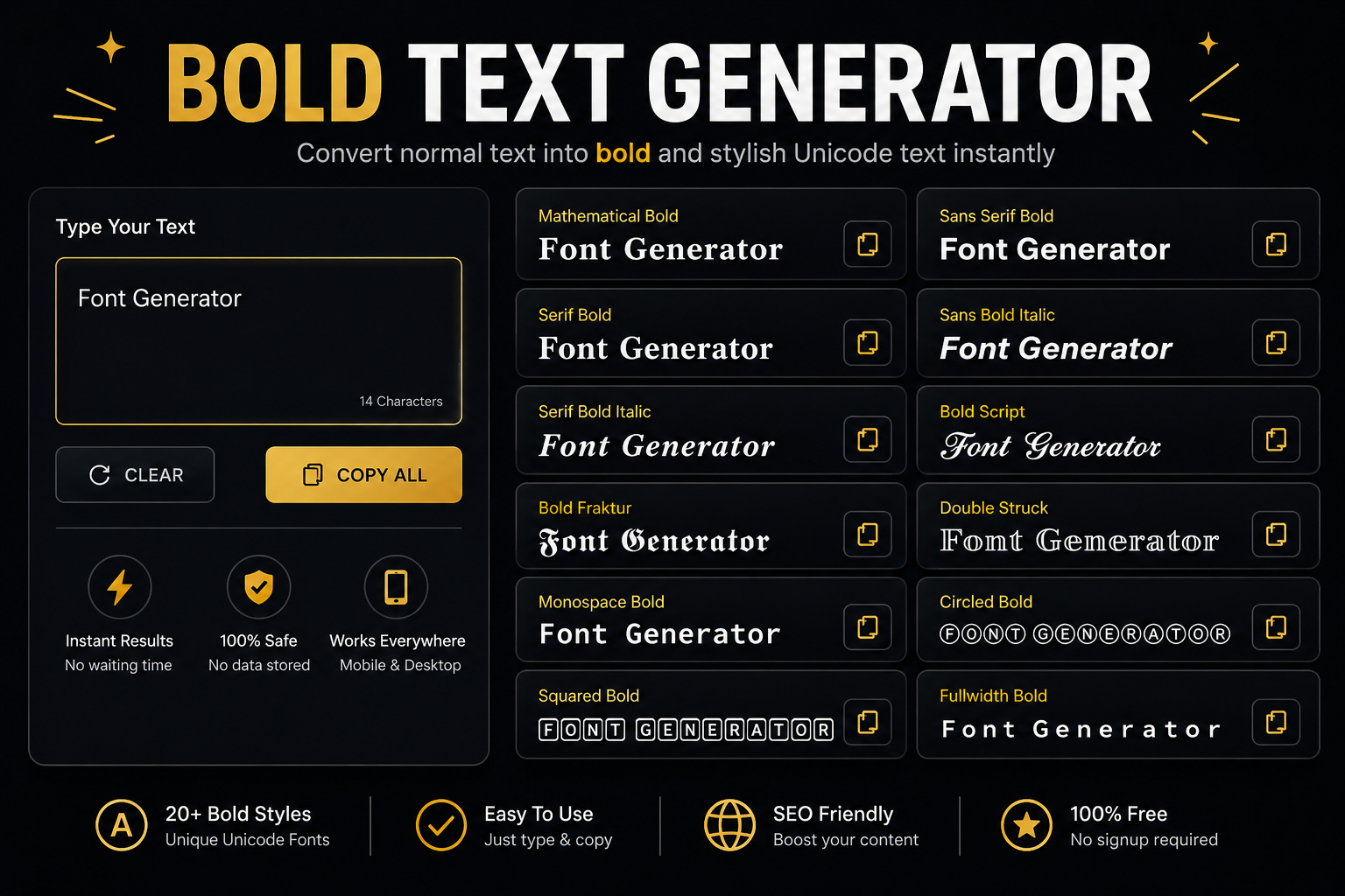 Bold Text Generator showing bold Unicode font styles for copy and paste