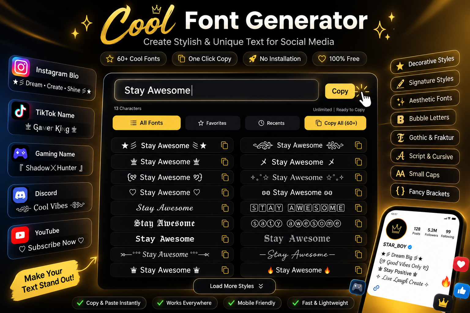 Cool Font Generator showing stylish Unicode text styles for usernames, bios and gaming names