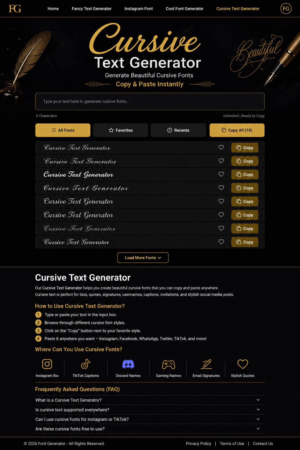 Cursive Text Generator showing script, bold script, calligraphy, signature and decorative cursive Unicode text styles