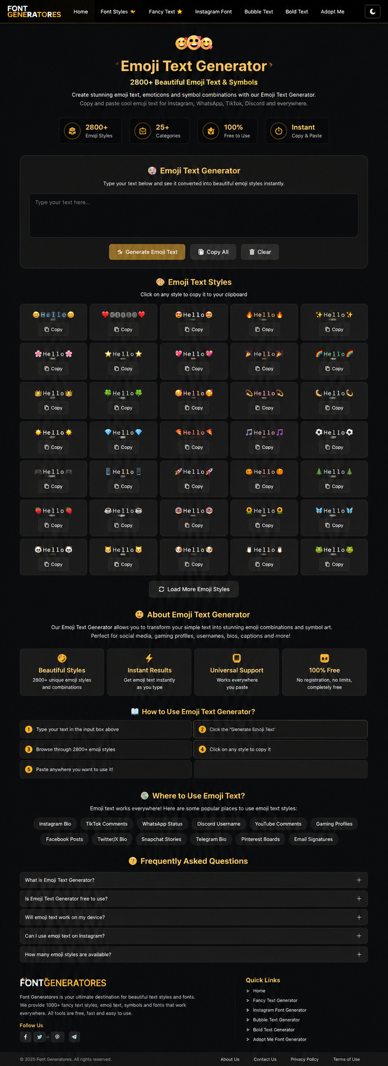 Emoji Text Generator showing hearts, stars, flowers, fire, faces and decorative Unicode emoji text styles