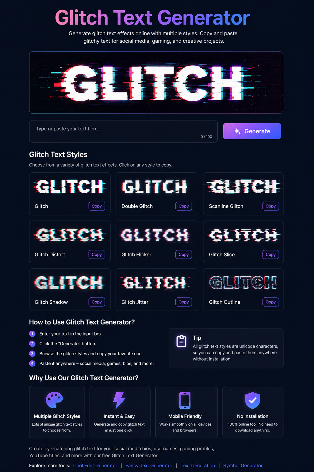 Glitch Text Generator showing distorted, corrupted and Zalgo Unicode text styles