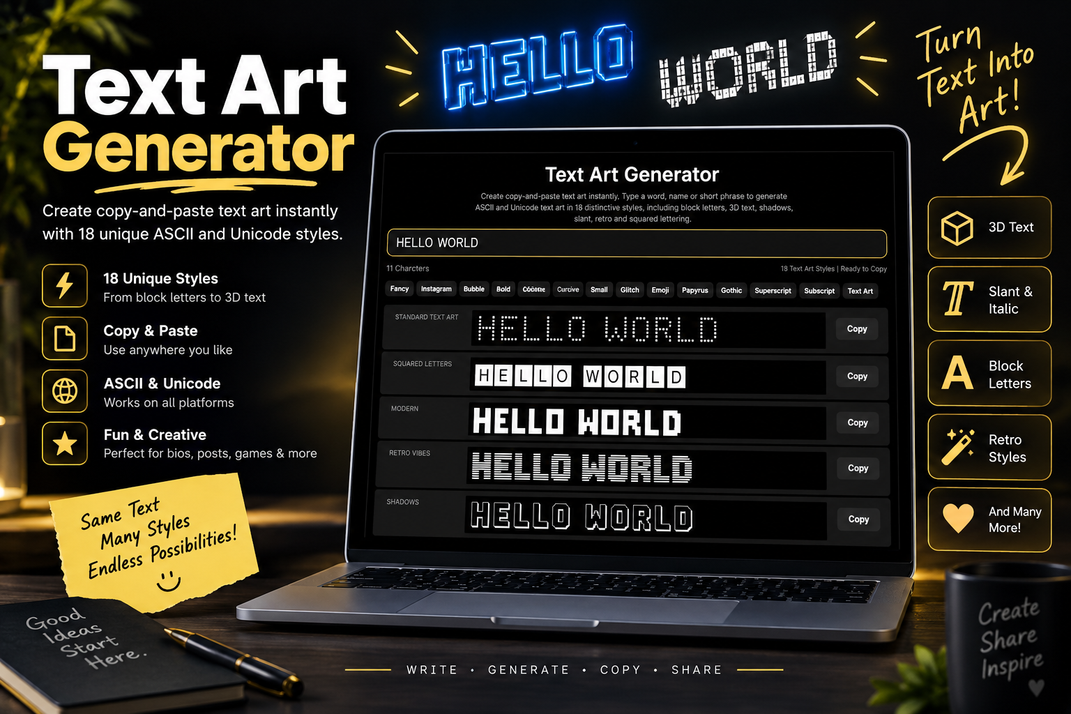 Text Art Generator with 18 ASCII and Unicode copy and paste styles