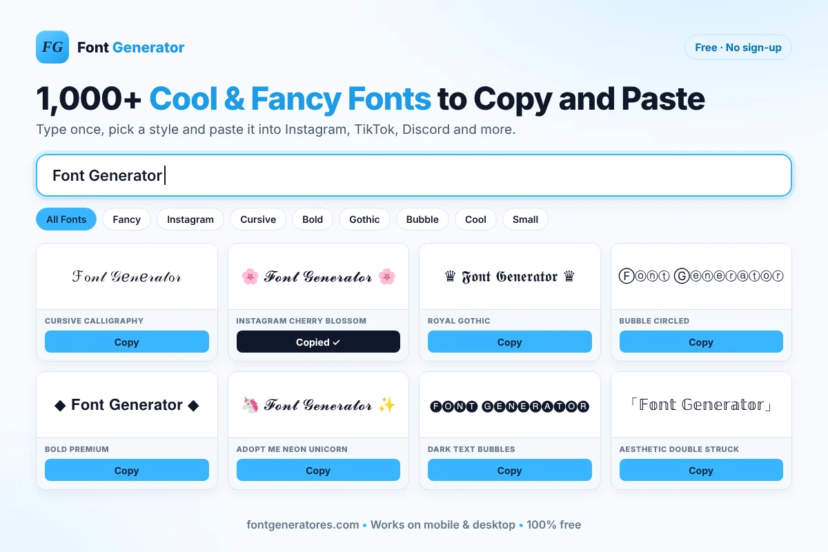 Font Generator 1 Font generator showing cool and fancy fonts like cursive, gothic, bubble and bold text with copy buttons
